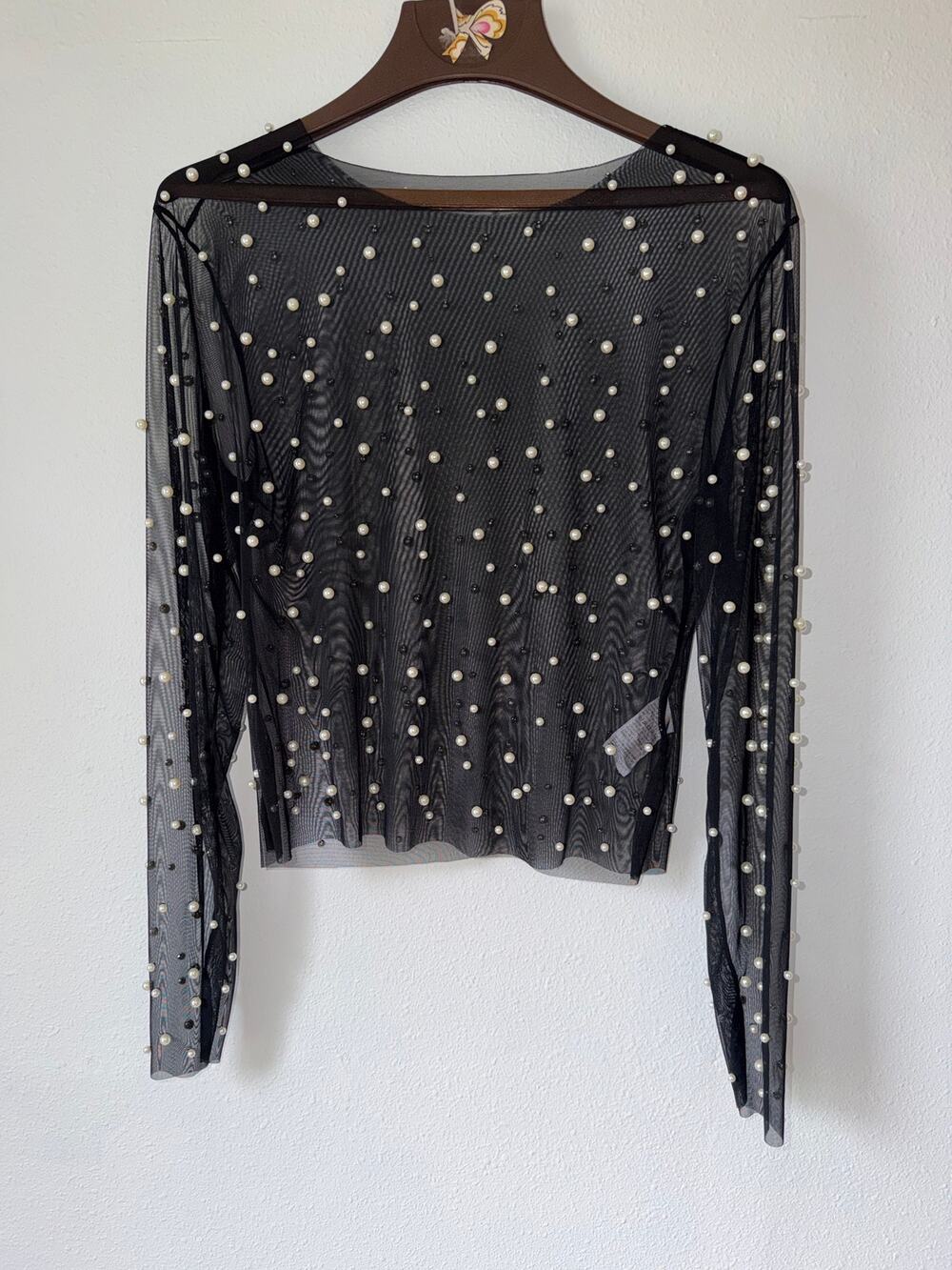 Black Sheer Long Sleeve Pearl Embellished Long Sleeve Size Large See Through